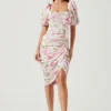 Emma Floral Ruched Bubble Sleeve Midi Dress
