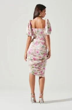 Emma Floral Ruched Bubble Sleeve Midi Dress -Larana Style Shop 20220112 ACDR100930E CREAMPINKFLORAL 6 scaled