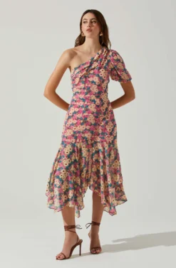 Santorini One Shoulder Midi Dress -Larana Style Shop ACDR100550C PINKBLACKFLORAL 2 scaled