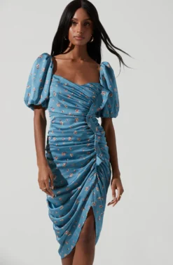Emma Floral Ruched Bubble Sleeve Midi Dress -Larana Style Shop ACDR100930E SLATEBLUECORALFLORAL 1932 scaled