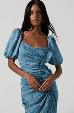Emma Floral Ruched Bubble Sleeve Midi Dress -Larana Style Shop ACDR100930E SLATEBLUECORALFLORAL 1936 scaled