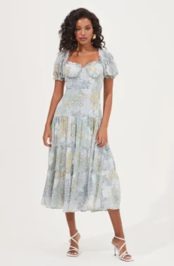 Soho Floral Sweetheart Puff Sleeve Midi Dress