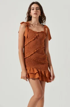 Eastwick Smocked Ruffle Mini Dress -Larana Style Shop ACDR101076B BROWN 2 scaled