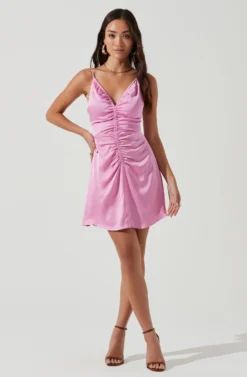 Peony Satin Ruched Mini Dress -Larana Style Shop ACDR101162B PINK 2037 scaled