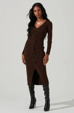 Vesper Ribbed Knit Sweater Midi Dress -Larana Style Shop ACDR101387 DARKBROWN 1 scaled