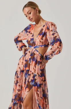 Lively Floral Cutout Long Sleeve Maxi Dress 20 Lively Floral Cutout Long Sleeve Maxi Dress -Larana Style Shop ACDR101496 BROWNCORALFLORAL 4 scaled