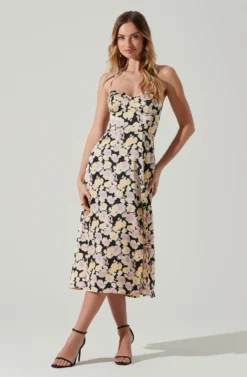 Gala Bustier Cross Strap Midi Dress -Larana Style Shop ACDR101545 BLACKPURPLEFLORAL 1 scaled