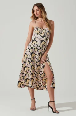 Gala Bustier Cross Strap Midi Dress -Larana Style Shop ACDR101545 BLACKPURPLEFLORAL 2 scaled