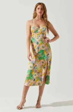 Gala Bustier Cross Strap Midi Dress -Larana Style Shop ACDR101545 CORALYELLOWFLORAL 1 scaled