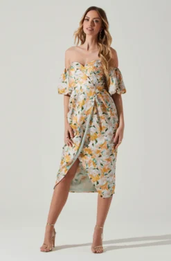 Zurina Floral Off Shoulder Midi Dress -Larana Style Shop ACDR101549 BLUEAPRICOTFLORAL 1 scaled