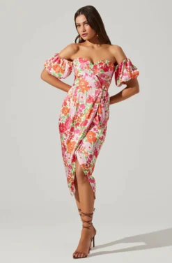 Zurina Floral Off Shoulder Midi Dress -Larana Style Shop ACDR101549 PINKFLORAL 3 scaled