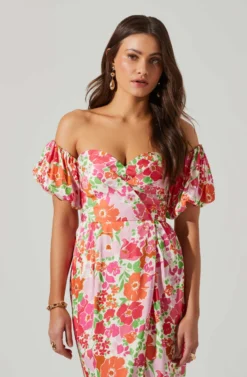 Zurina Floral Off Shoulder Midi Dress -Larana Style Shop ACDR101549 PINKFLORAL 4 scaled