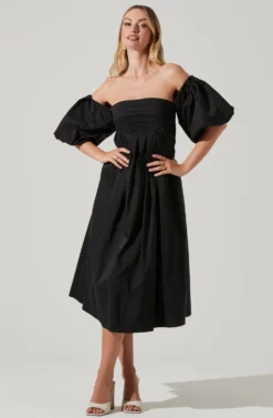 Carlin Off Shoulder Puff Sleeve Midi Dress -Larana Style Shop ACDR101554 BLACK 1 scaled