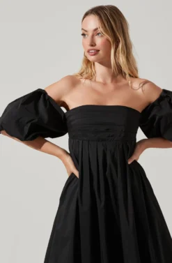 Carlin Off Shoulder Puff Sleeve Midi Dress -Larana Style Shop ACDR101554 BLACK 2 scaled