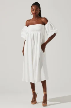 Carlin Off Shoulder Puff Sleeve Midi Dress -Larana Style Shop ACDR101554 WHITE 1 scaled