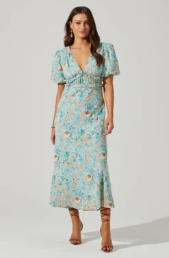 Esperanza Floral Puff Sleeve Midi Dress -Larana Style Shop ACDR101560 BLUEPEACHFLORAL 1 scaled
