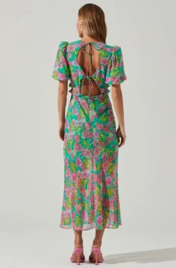 Esperanza Floral Puff Sleeve Midi Dress -Larana Style Shop ACDR101560 GREENPINKMULTI 4 scaled