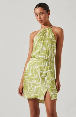 Quinta Retro Floral Halter Mini Dress -Larana Style Shop ACDR101581 CELERYFLORAL 3 scaled