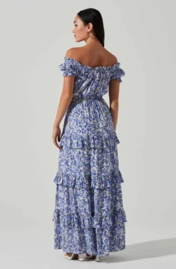 Viona Floral Off Shoulder Tiered Maxi Dress -Larana Style Shop ACDR101591 BLUEWHITEMULTI 5 scaled