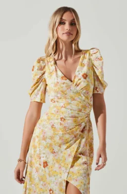 Martina Floral Ruched Midi Dress -Larana Style Shop ACDR101635 YELLOWRUSTFLORL 3 scaled