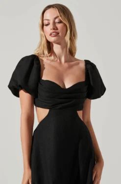 Winley Puff Sleeve Cutout Midi Dress -Larana Style Shop ACDR101685 BLACK 2 scaled