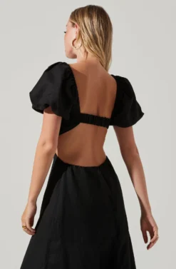 Winley Puff Sleeve Cutout Midi Dress -Larana Style Shop ACDR101685 BLACK 3 scaled