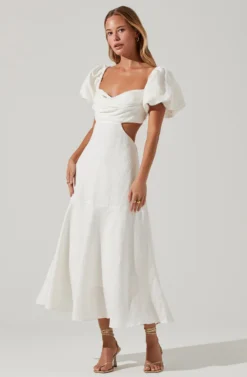 Winley Puff Sleeve Cutout Midi Dress -Larana Style Shop ACDR101685 OFFWHITE 2 scaled