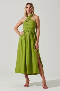 Zaria Pleated Halter Midi Dress -Larana Style Shop ACDR101778 AVOCADO 1 scaled