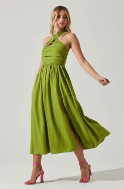 Zaria Pleated Halter Midi Dress -Larana Style Shop ACDR101778 AVOCADO 2 scaled