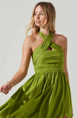Zaria Pleated Halter Midi Dress -Larana Style Shop ACDR101778 AVOCADO 3 scaled