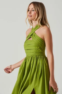 Zaria Pleated Halter Midi Dress -Larana Style Shop ACDR101778 AVOCADO 4 scaled