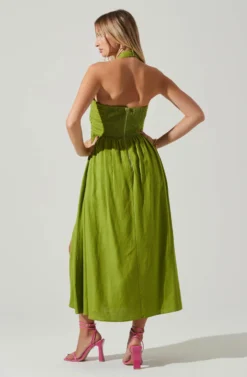 Zaria Pleated Halter Midi Dress -Larana Style Shop ACDR101778 AVOCADO 5 scaled