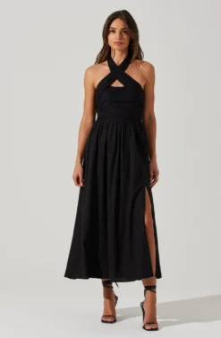 Zaria Pleated Halter Midi Dress -Larana Style Shop ACDR101778 BLACK 1 scaled