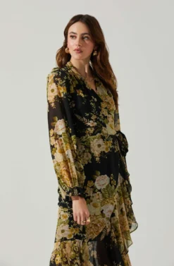 Kamila Long Sleeve Floral Wrap Maxi Dress -Larana Style Shop ACDR101894 BLACKYELLOWMULTI 4 scaled