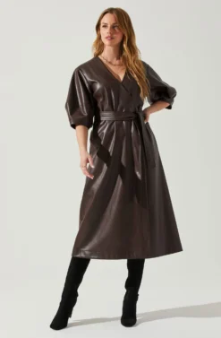 Angie Faux Leather Tie Waist Midi Dress -Larana Style Shop ACDR101897 DARKBROWN 2 scaled