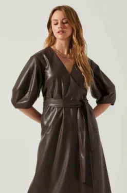 Angie Faux Leather Tie Waist Midi Dress -Larana Style Shop ACDR101897 DARKBROWN 4 scaled