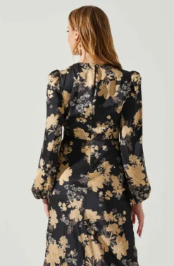 Suzy Floral Satin Front Cutout Midi Dress -Larana Style Shop ACDR101971 BLACKCREAMFLORAL 6 scaled