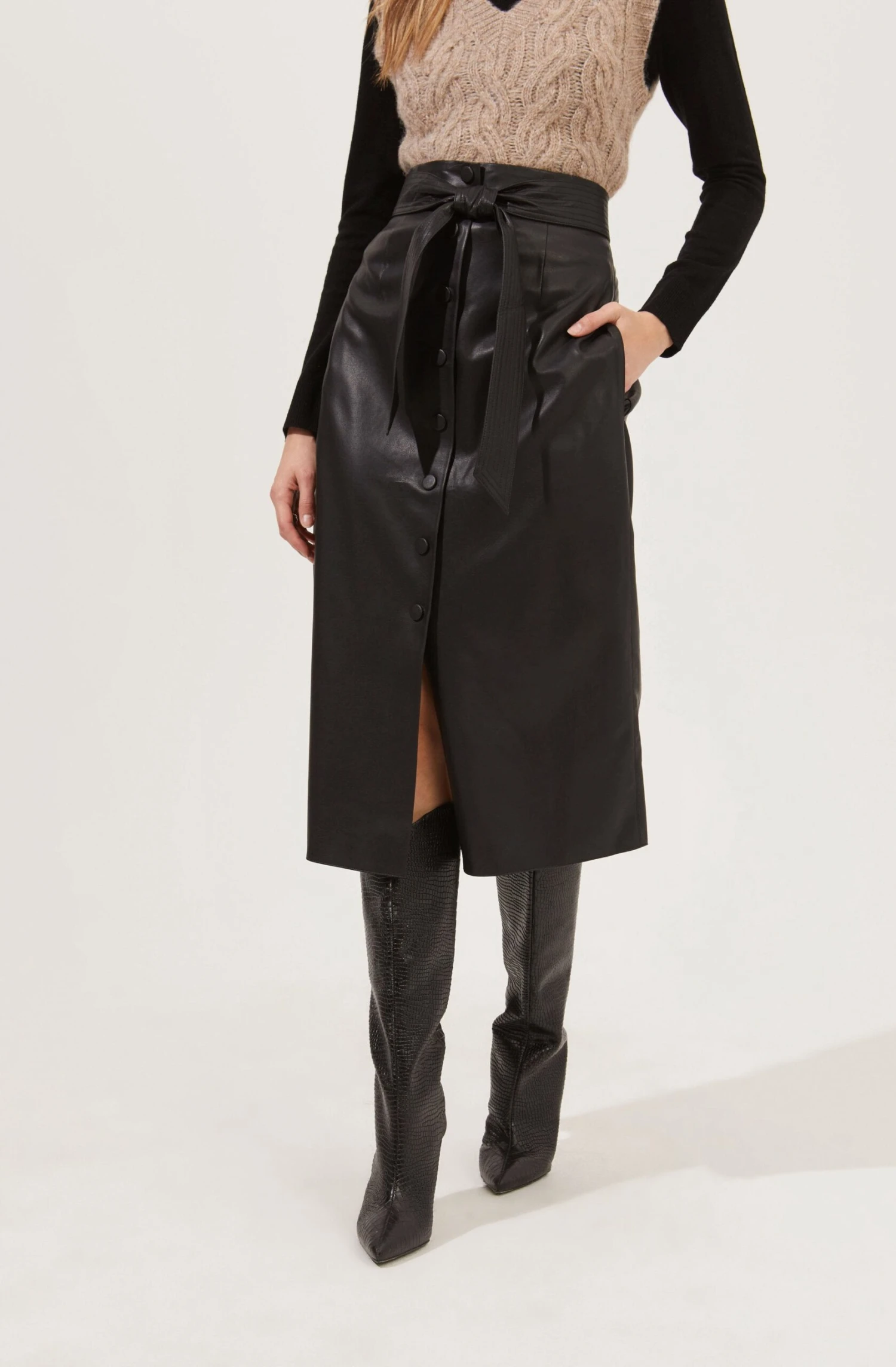 Lorette Tie Waist Faux Leather Midi Skirt 2 Lorette Tie Waist Faux Leather Midi Skirt - Image 2