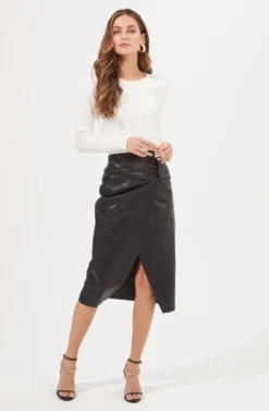Kari Faux Leather Twist Front Midi Skirt