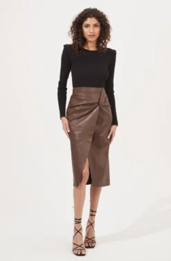 Kari Faux Leather Twist Front Midi Skirt -Larana Style Shop ACS9076 BROWN 1 scaled