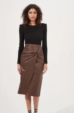 Kari Faux Leather Twist Front Midi Skirt -Larana Style Shop ACS9076 BROWN 2 scaled