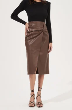 Kari Faux Leather Twist Front Midi Skirt -Larana Style Shop ACS9076 BROWN 3 scaled