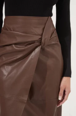 Kari Faux Leather Twist Front Midi Skirt -Larana Style Shop ACS9076 BROWN 4 scaled