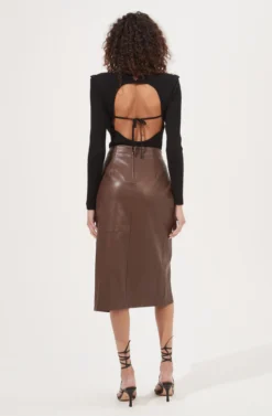 Kari Faux Leather Twist Front Midi Skirt -Larana Style Shop ACS9076 BROWN 5 scaled