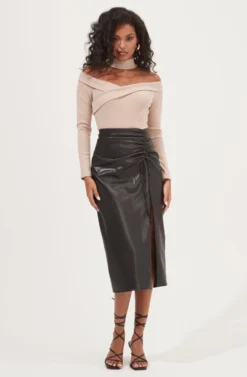 Alondra Ruched Faux Leather Midi Skirt -Larana Style Shop ACS9082 BLACK 1 scaled