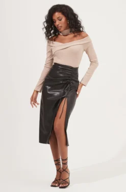 Alondra Ruched Faux Leather Midi Skirt -Larana Style Shop ACS9082 BLACK 2 scaled