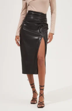 Alondra Ruched Faux Leather Midi Skirt -Larana Style Shop ACS9082 BLACK 3 scaled