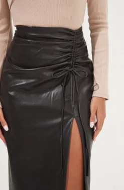 Alondra Ruched Faux Leather Midi Skirt -Larana Style Shop ACS9082 BLACK 4 scaled