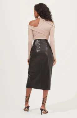 Alondra Ruched Faux Leather Midi Skirt -Larana Style Shop ACS9082 BLACK 5 scaled