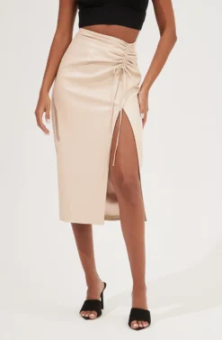 Alondra Ruched Faux Leather Midi Skirt -Larana Style Shop ACS9082 CREAM 3 scaled